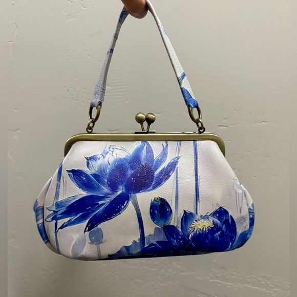Vintage Style Handmade Cowhide Leather Lotus Print Kisslock Purse, Multi Use Bag - Picture 4 of 13